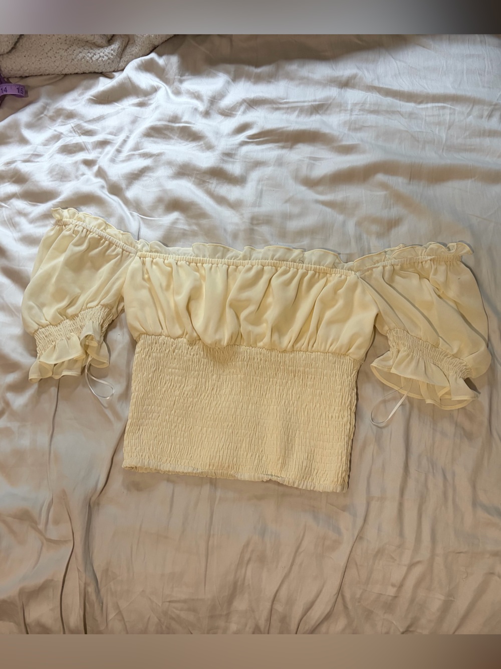 Ivory Off-Shoulder Smocked Crop Top with Ruffle Puff Sleeves